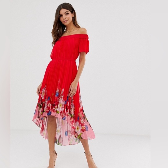 Bardot Floral Pleated Off The Shoulder Cocktail Dress